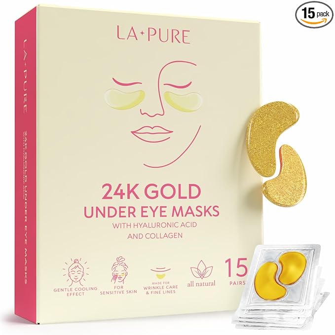 LA PURE 24k Gold Under Eye Mask for Dark Circles and Puffiness, Revitalizing & Non-Irritating Anti Aging Eye Patches with Hyaluronic Acid & Collagen - Dermatologically Tested - 15 Pairs Eye Gel Pads