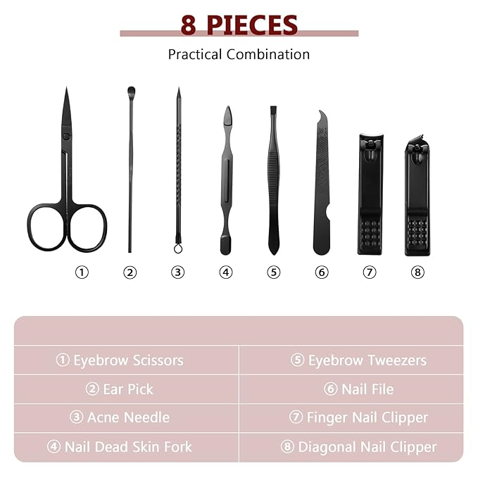 Hanaive 6 Set Manicure Set 48 Pcs Nail Clippers Pedicure Kit Gift for Mother's Day 8 in 1 Stainless Steel Grooming Kit Professional Nail Care Tools with Luxurious Travel Case for Men Women(Black, Red)