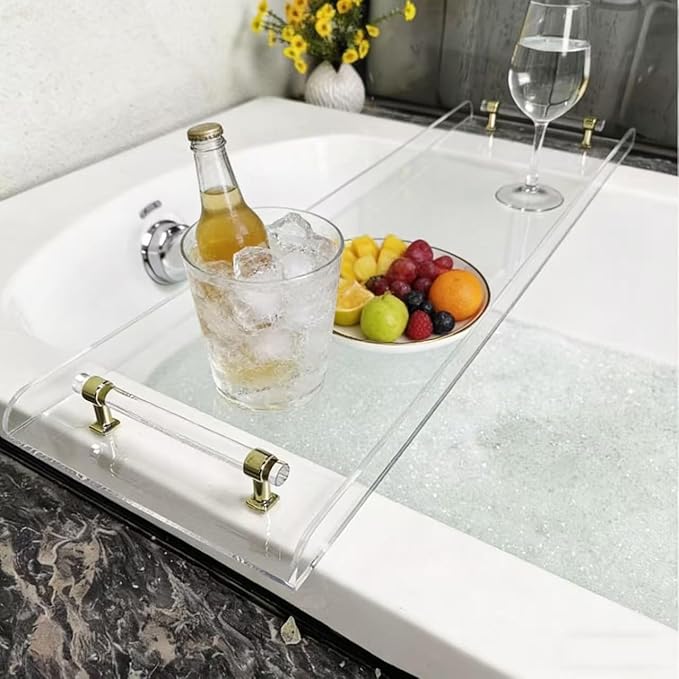 WANLIAN 33inch Luxury Bathtub Caddy Tray for Bathroom Bath tub Table Caddy Shelf for Shower Storage Organizer tub Accessories for Bath tub Table Caddy (Gold-Clear)