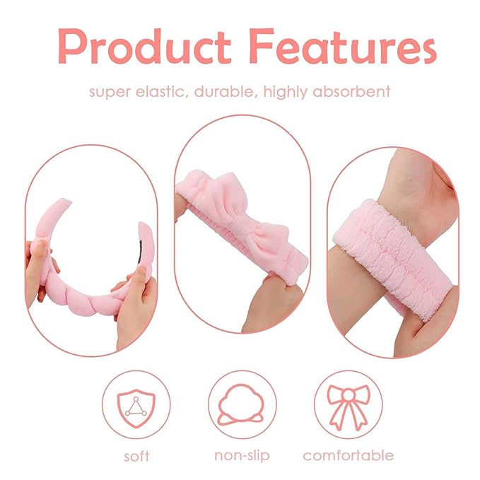 6 Pcs Elastic Microfiber Spa Headband Set for Women - Makeup, Skincare, Face Wash Wristbands, Beauty.(pink)