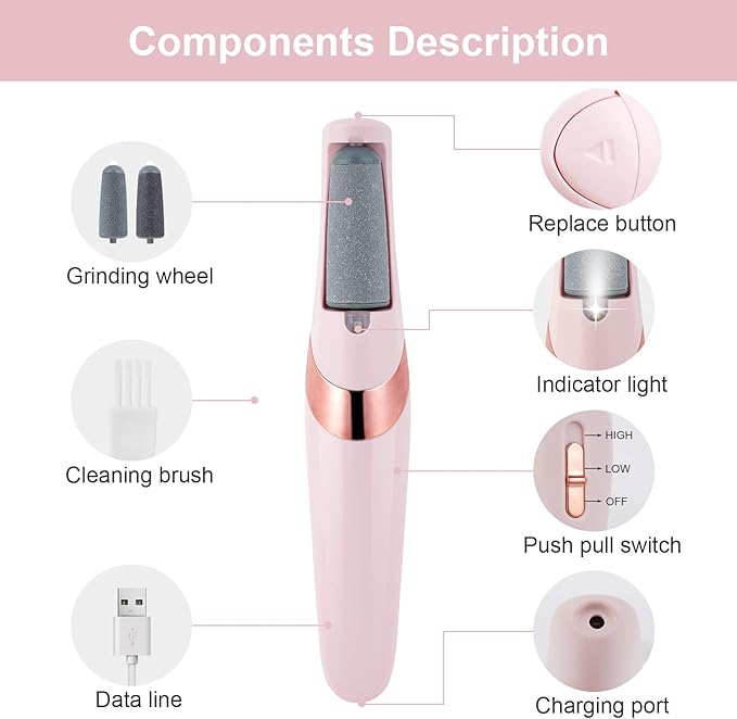 AOOWU Electric Foot File, USB Rechargeable Feet Callus Remover with 2 Speed of Replacement Rollers & LED Lights, Professional Hard Skin Remover Foot Care Tools for Cracked Heels Calluses & Dead Skin