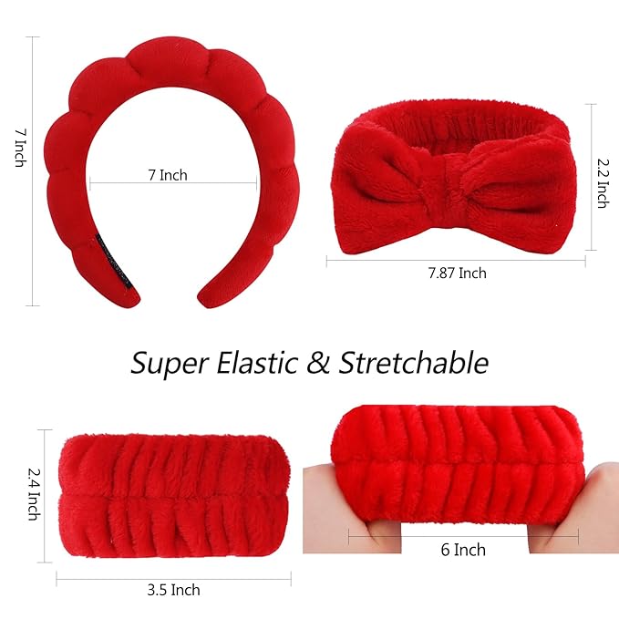 Velscrun 6 Pack Spa Headband, Makeup Headband, Face Wash Headbands, Skincare Headbands, Red Sponge Hair Band Bow Tie Spa Head Band for Washing Face Wristband Set Hair Accessories for Women Girls Gifts