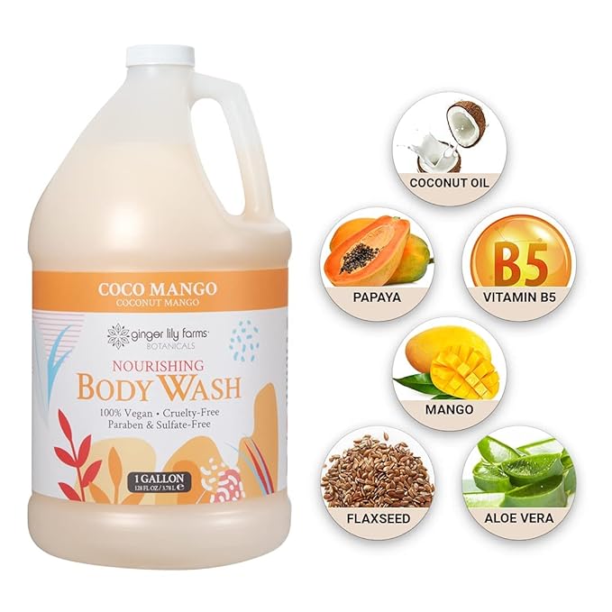 Ginger Lily Farms Botanicals Nourishing Body Wash, 100% Vegan & Cruelty-Free, Coconut Mango Scent, 1 Gallon Refill 128 Ounce (Pack of 4)
