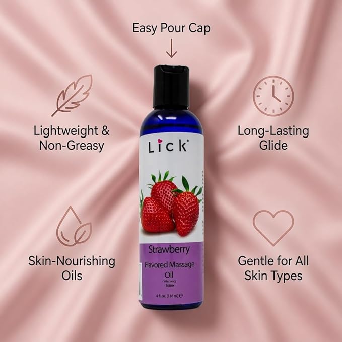 Lick Strawberry Flavored Massage Oil with Natural Vitamin E - Aromatherapy & Moisturizing Body Oil for Relaxing Muscle Massage - Essential Non-Sticky Skin Therapy for Men and Women - 4 oz