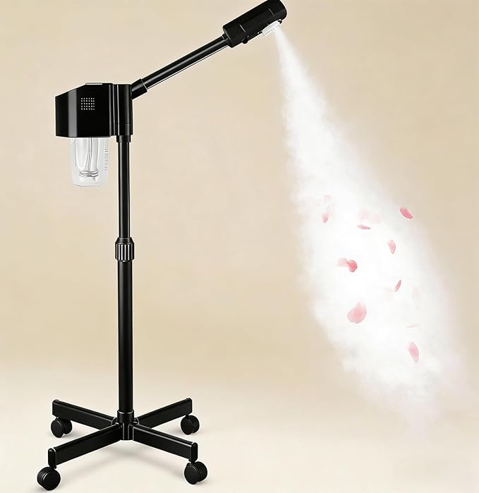 Professional Facial Steamer, Ionic Ozone with Hot Mist, Estheticians Steamer on Wheels with Timer Function, SPA & Home (Black)