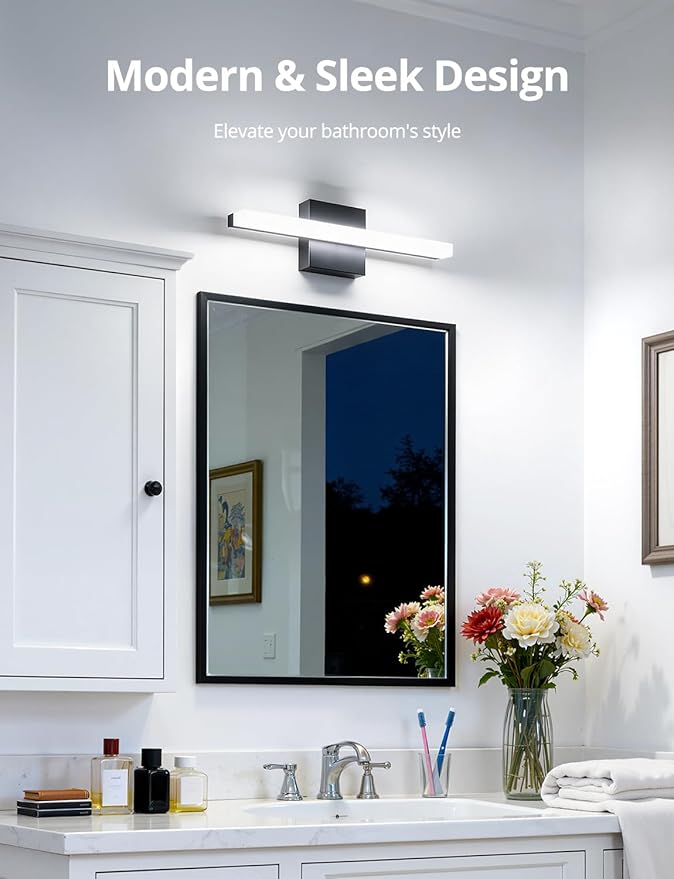 Combuh LED Bathroom Light Fixtures Over Mirror, 16 Inch 9W Black Vanity Light Bar for Bathroom, IP44 Modern Bath Wall Lighting Fixture Indoor Cool White 6000K
