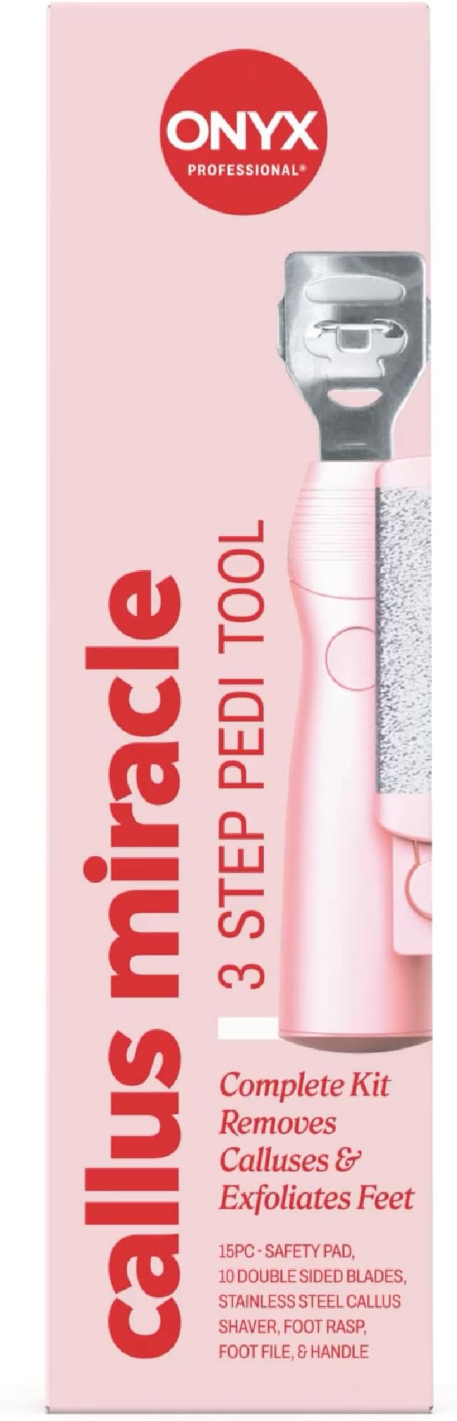 ONYX Professional Callus Miracle 3 Step Pedi Tool, Includes a Stainless Steel Foot Rasp for Dry Skin, Callus Shaver w/Replacement Blades for Thick Calluses, 15 Pieces