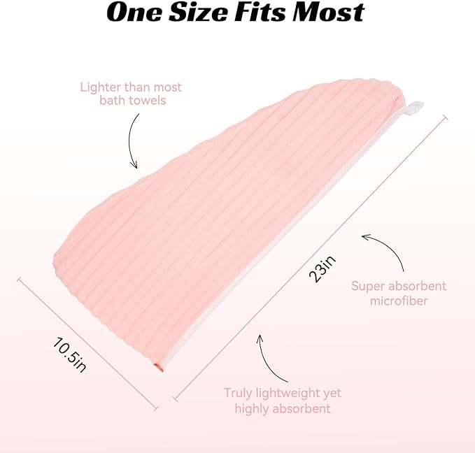 Microfiber Hair Towel Wrap for Women, Soft Lightweight Quick Dry Turban, Drying Hair Towels for Women, Hair Drying Towel with Button for Curly & Long Hair - Pink (Note: This model is ultra-slim.)