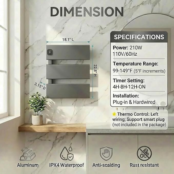 Electric Towel Warmer, Heated Towel Rack with Thermo Control and Timer, Fast Heating Towel Rail for Bathroom with Memroy Function, Work with Smart Plug, Left-Wiring, 3 Panel, Gun Gray