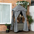 Pool Towel Valet Caddy with Canopy Cover, Hand-Woven PE Rattan Storage Organizer with Wheels, Shelf & Basket for Pool, Patio, Bathroom, Spa - Dark Gray Wicker & Gray Fabric, Assembly Required