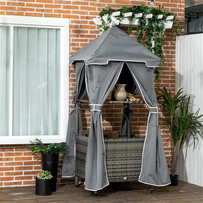 Pool Towel Valet Caddy with Canopy Cover, Hand-Woven PE Rattan Storage Organizer with Wheels, Shelf & Basket for Pool, Patio, Bathroom, Spa - Dark Gray Wicker & Gray Fabric, Assembly Required