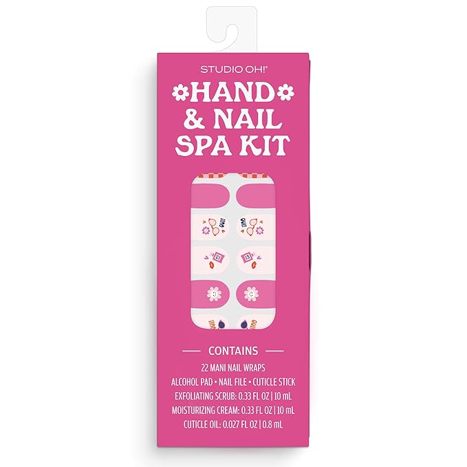 Studio Oh! Hand & Nail Spa Kit, Mini Nail Kit with 22 Nail Wraps, Exfoliating Scrub, Moisturizing Cream, Cuticle Oil & Tools, Girls Spa Kit,Travel Manicure Kit for Women & Girls (Rues de Paris Design)