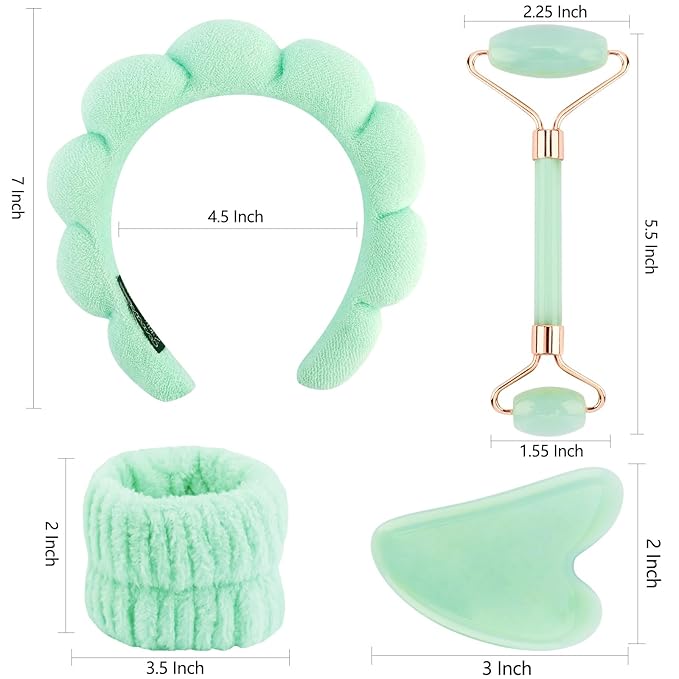 Chanaco Spa Headband and Wristbands for Women Skincare Headband for Washing Face Gua Sha & Jade Roller Facial Tools Green Makeup Fash Wash Hairband Teen Girl Gifts Trendy Stuff