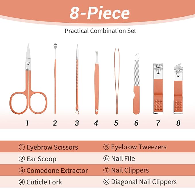 6 Sets Manicure Set 8 in 1 Stainless Steel Nail Clippers Pedicure Kit, Professional Manicure Grooming Kit Cuticle Nail Care Foot Pedicure Tools with Portable Travel Case for Men Women Gift (Rose Gold)