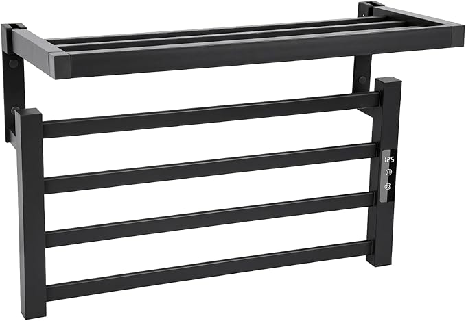 4 Bars Towel Warmer Rack with Top Shelf, Electric Wall Mounted Heated Towel Rack with Timer and Temperature Control, Towel Heater Hard Wired/Plug-in Hot Towel Rails for Bathroom, Grey
