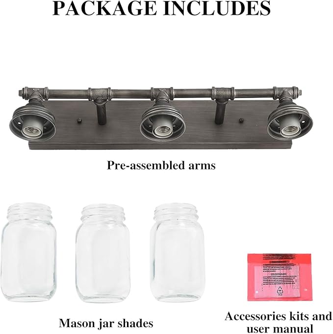 LNC 24'' Large Bathroom Light Fixtures, Industrial 3 Mason Jar Vanity Light with Antique-Silver Brushed Finish