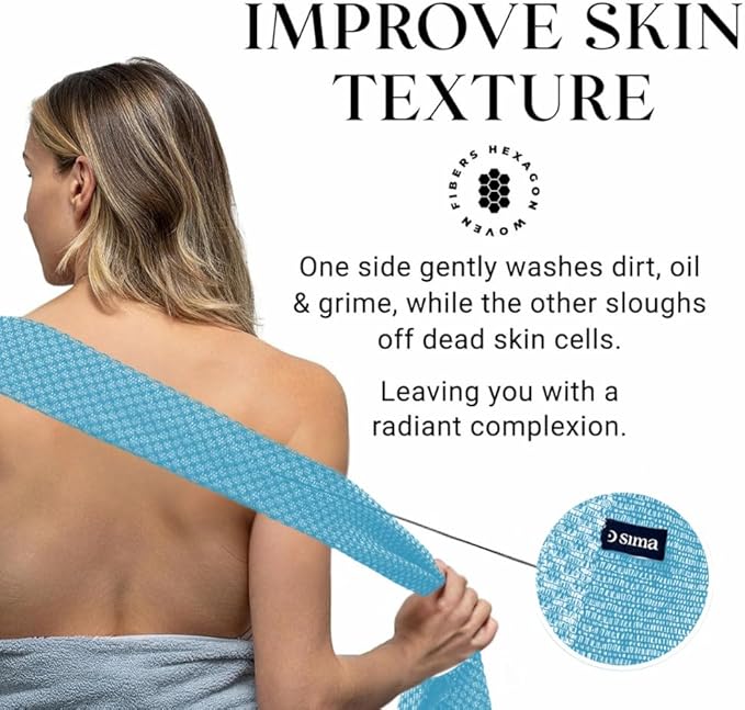Sima Brand Exfoliating Washcloth Face & Body Scrub Towel - Japanese Exfoliating Towel with Hexagon Fibers, Body Scrubber with 2 Sides for Scrubbing & Washing, Extra Long Body Towels (Blue)