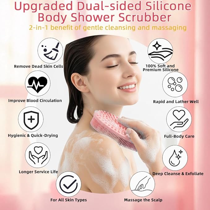 Silicone Body Scrubber 2 Pack Silicone Loofah Exfoliating Body Scrubber Soft Silicone Shower Brush with Handle Double Sided Bath Body Brush for Women Men Cleaning Massage Sensitive Skin, (Pink, Black)