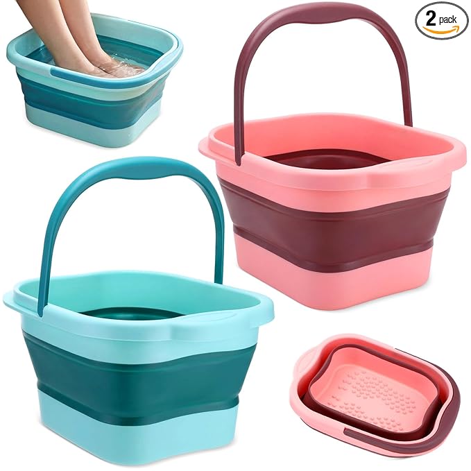 2 Pack Collapsible Foot Bath Plastic Foot Soaking Tub Portable Feet Bucket with Handles and Massage Acupoint for Feet Care Routine Home(Green and Pink)