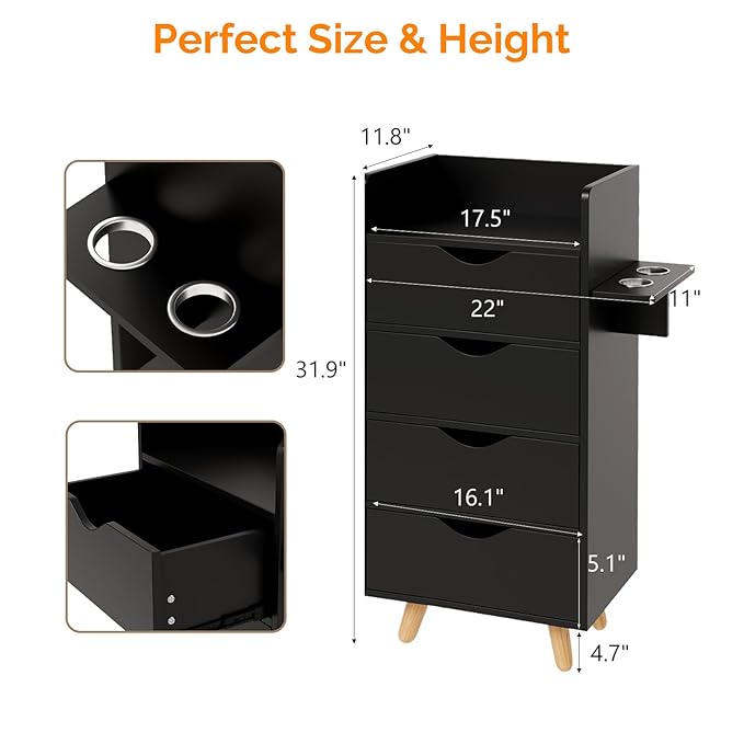 OmySalon 4 -Layer Salon Storage Cabinet,Beauty Barber Salon Styling Station Organizer Equipment,Hair Stylist Station Set with 2 Hair Dryer Holders，4 Drawers and Raised Table Legs, Black