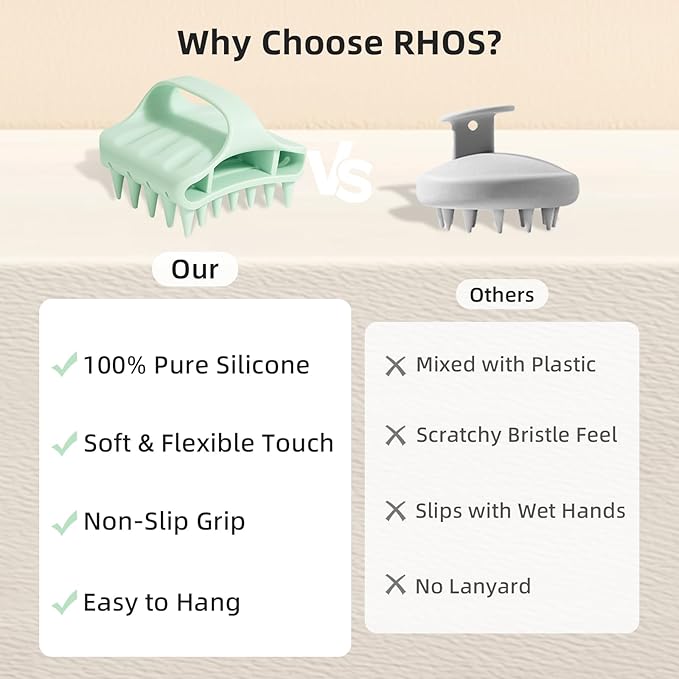 RHOS Shampoo Brush, Soft Silicone Scalp Scrubber, Scalp Massager for Wet & Dry Hair, Curved Vented Hair Scrubber for Dandruff Removal (Green)