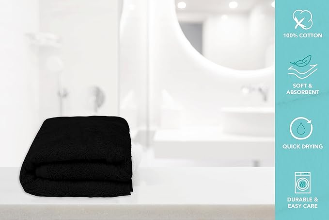 Large Bath Towels Pack of 6 – 24" x 50", 100% Cotton Terry – Soft, Quick-Dry & Highly Absorbent – Black Towels for Bathroom, Spa, Shower, Pool & Daily Use
