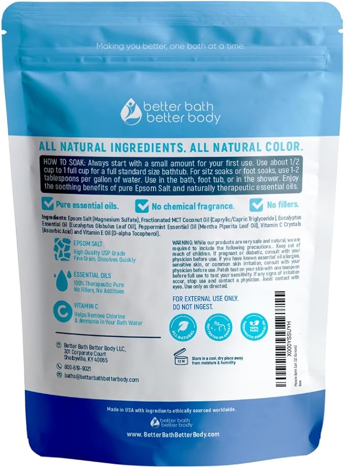 Muscle Soak Bath Salt 32 Ounces (2 Lbs) Epsom Salt with Natural Peppermint and Eucalyptus Essential Oils Plus Vitamin C in BPA Free Pouch with Easy Press Lock Seal Made in USA