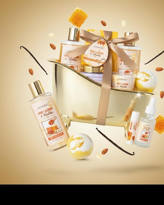 Spa Gift Baskets For Women and Men, Home Luxury Scents Honey Almond Bath Sets for Women Gift, Spa Set Spa Basket with Body Lotion, Lip Balm & More Bath Gift Set Best Gift for Her, Bath Kits Gifts