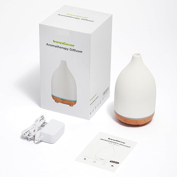 InnoGear Oil Diffuser, 150ML Ceramic Diffuser for Essential Oils Handcrafted Aromatherapy Diffuser Mother's Gift Ultrasonic Cool Mist Humidifier with 2 Mist Modes Waterless Auto Off for Home, White