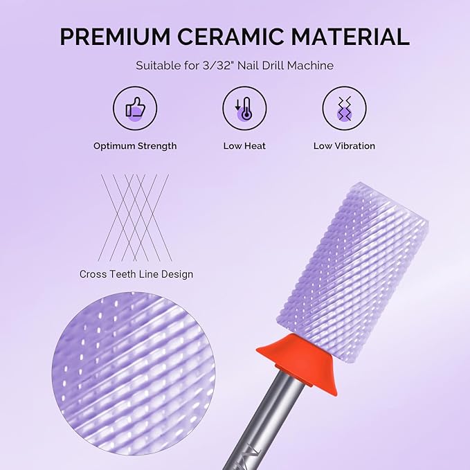 MelodySusie Ceramic Nail Drill Bits, 3/32'' Chamfer Flat Top Large Barrel Bits, Fast Remove Acrylic or Hard Gel, Nail Tool for Manicure Pedicure, Salon Home, Professional or Beginner, Purple, Fine