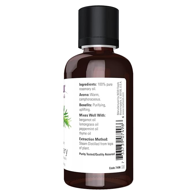 NOW Essential Oils, Rosemary Oil, Purifying Aromatherapy Scent, Steam Distilled, 100% Pure, Vegan, Child Resistant Cap, 2-Ounce