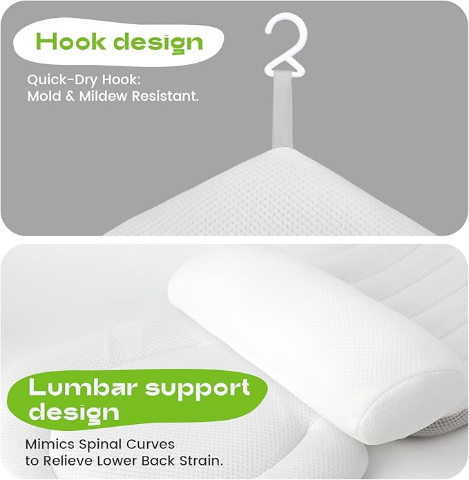 Luxury Full Body Bath Pillow for Tub - 4D Air Mesh Bathtub Cushion Mat with Extra Thick Neck, Back & Lumbar Support - Ergonomic Spa Pillow for Headrest & Shoulder Relief, Non-Slip, White