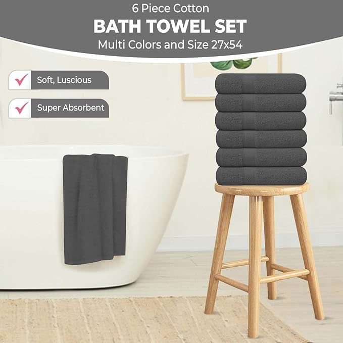 KAHAF COLLECTION 6 Pack Bath Towels Set (27 x 54 Inches) 100% Ring Spun Cotton, Lightweight, Quick Dry, Highly Absorbent Towels (Grey, (27x54) Inches)
