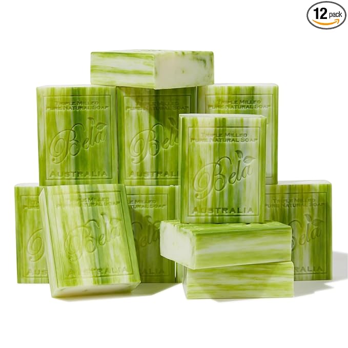 BELA Olive Oil and Cocoa Butter Soap, 3.3 OZ Pack of 12, Long Lasting French Triple Milled Bar Soap with Organic Shea Butter, Hand, Face and Body Wash Bar, Made in Australia