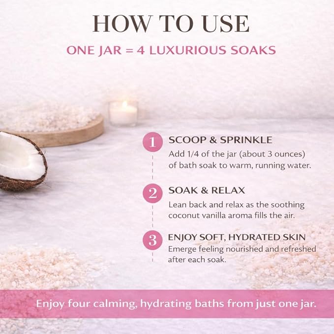 Coco Escape Coconut and Vanilla Aromatherapy Bath Soak, Relaxation Support, Skin Softening, Hydrating, Mineral-Rich, for Dry Sensitive Skin