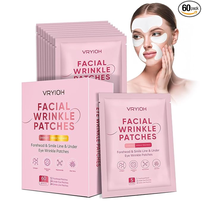 3 IN 1 Forehead, Smile Line & Under Eye Wrinkle Patches, Overnight Facial Wrinkle Treatment with Hyaluronic Acid, Collagen to Lift Lines for Women, 60 Patches