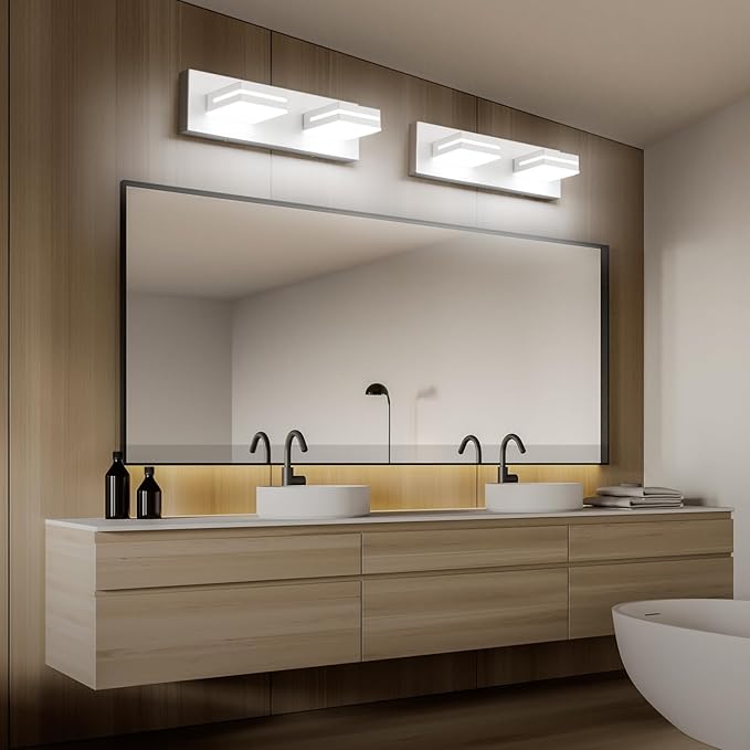 SineRise LED Modern Bathroom Vanity Light Fixtures (2-Light, 15.5-Inch, Dimmable), Matte White Modern Acrylic Bathroom Wall Lighting Fixtures Over Mirror (Cool White 6000K)