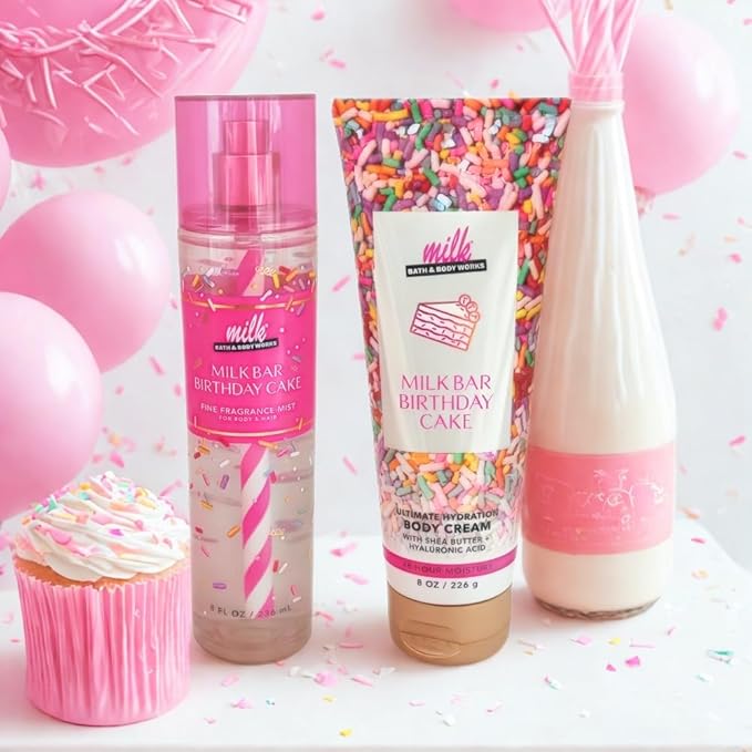 Bath & Body Works MILK BAR BIRTHDAY CAKE Fine Fragrance Mist & Body Cream 2pc Gift Set with 30-Inch Metallic Gold & Silver Striped Ribbon Bow for Birthdays & Holidays – Full Size