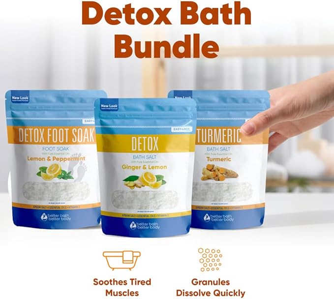 Detox Bath Bundle (3 Pack) Detoxifying Soaks with Detox Foot Soak and Turmeric Bath Soak Made with Epsom Salt and Pure Essential Oils Plus Vitamin C Three 2 Lbs Pouches
