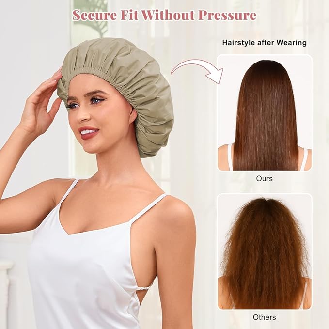 Shower Cap for Women Waterproof Reusable, Large Shower Cap Non-Slip with Elastic Band, Washable Bath Hair Hat for Long Hair, Braids (Brown)