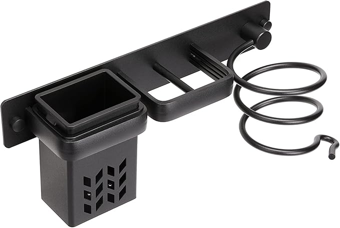 YUET Hair Dryer Holder Hairdryer Station Wall Mounted Shelf Bracket Straightener Stand Hanger Organizer Blow Storage w/Cable Tidy Rack For Dressing Table Bathroom Aluminum Professional,Black With Cup