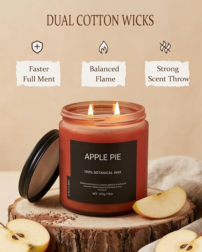 Apple Pie Home Scented Candles, 13oz Organic Soy Wax, 76-Hour Clean Burning, Natural Candles Non Toxic, Warm & Sweet Gourmand Scent for Relaxation, Aromatherapy Housewarming Candle for Men Women
