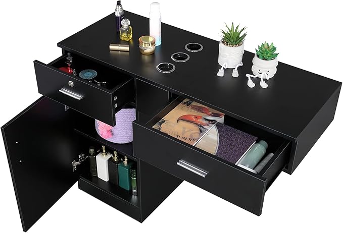 Wall Mount Styling Station for Hair Stylist,Wooden Hair Salon Station Storage Cabinet,Beauty Salon Storage Equipment,Beauty Spa Tool Organizer,with Drawers,for Barber Shop, Home, Bathroom (Black)