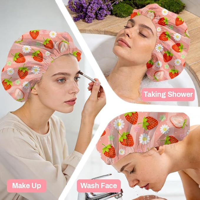 Strawberries Reusable Shower Cap Cute Fruit Double Layer Waterproof Shower Caps Large Elastic Hair Cover Adjustable Hair - Drying Caps for Woman Bath SPA Travel One Size Fits Most