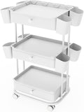 3 Tier Drawer Beauty Cart with 12 Movable Storage Organizer, Thickened ABS & 360° Wheels for Salon Station for Hair Stylist, Beauty Salon, Spa Massage Parlor, Makeup Organizer and More - White
