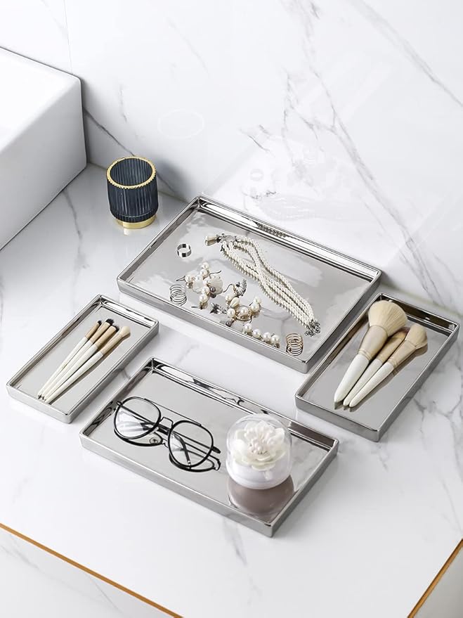Jewelry Holder Ceramic Trinket Tray Rectangte Vanity Makeup Mirror Tray Silvery Small