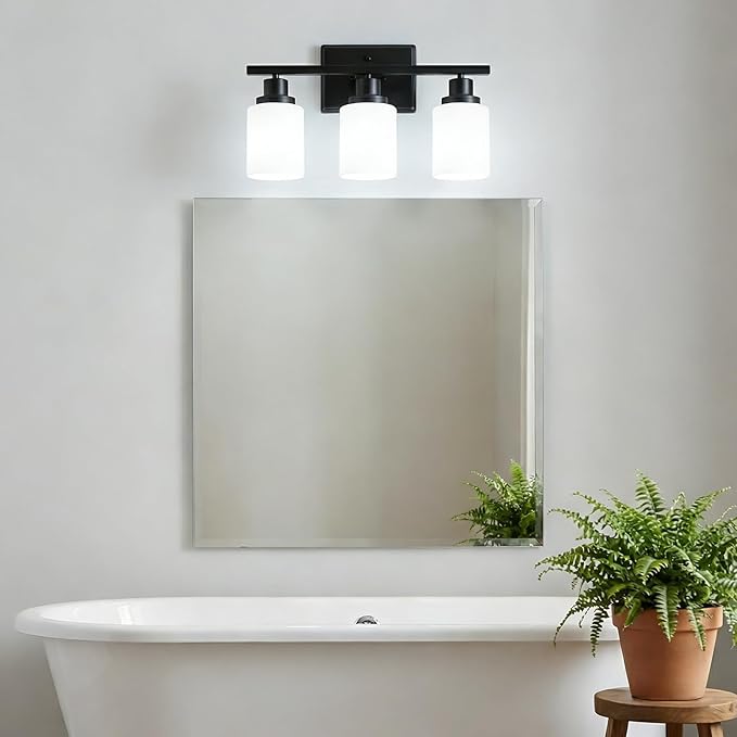 Ascher Bathroom Light Fixtures, 3-Light Vanity Light Over Mirror, Modern Matte Black Wall Sconces with Milky White Shades, Wall Lamp for Kitchen Hallway Cabinet Porch E26 Base