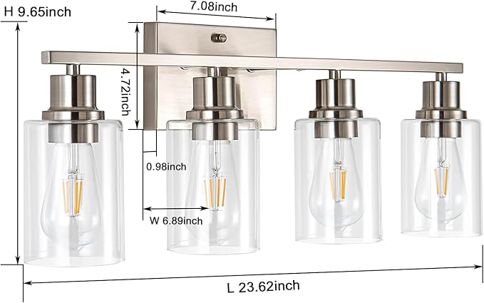 4-Light Bathroom Light Fixtures, Brushed Nickel Vanity Light with Clear Glass Shade, Modern Wall Sconce for Mirror Bedroom Hallway Farmhouse Kitchen
