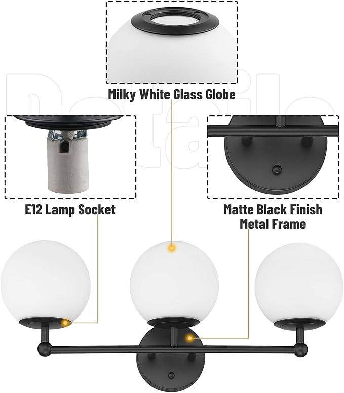 AKEZON 3-Light Black Bathroom Vanity Light Fixture, Modern Minimalist Vanity Lights with Milky White Glass Globe Shade, Wall Sconce Over Mirror Lighting for Bathroom Dressing Table Bedroom Living Room