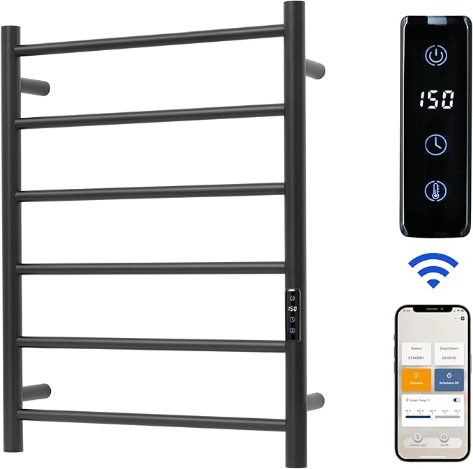 Electric Towel Rack with Voice Control for Alexa & Google Home,TUYA - Wall-Mounted Bathroom Heating Towel Warmer,Plug-in,Stainless Steel Material (Black with WiFi, 6 Bar)
